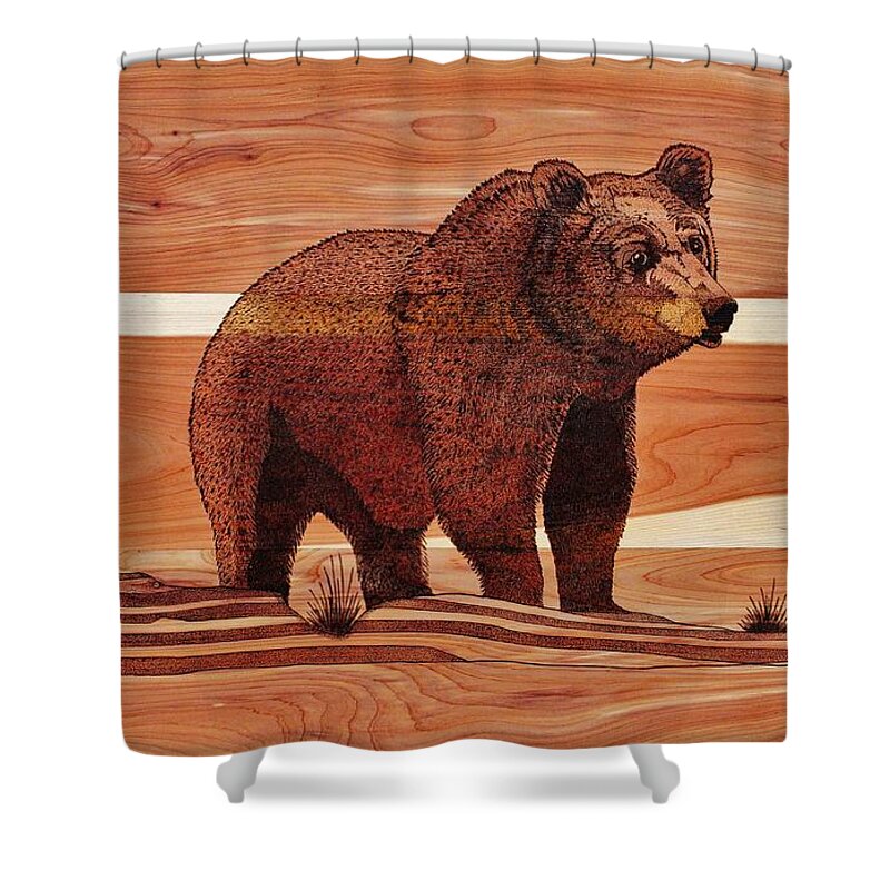Wildlife Scene Shower Curtain featuring the pyrography Old Griz by Jack Harries