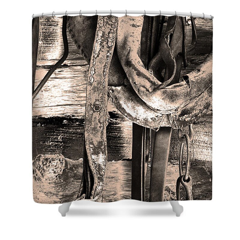 Western Gear Shower Curtain featuring the photograph Old Horse Gear by Joanne Coyle