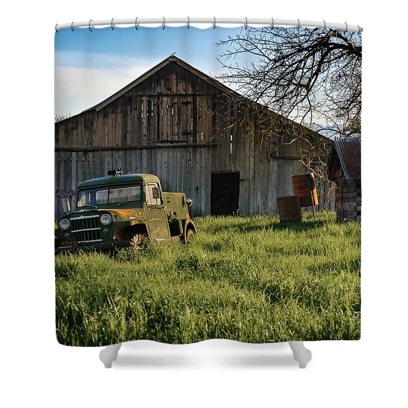 Pennington Shower Curtain featuring the photograph Old Jeep, Old Barn by Mike Ronnebeck