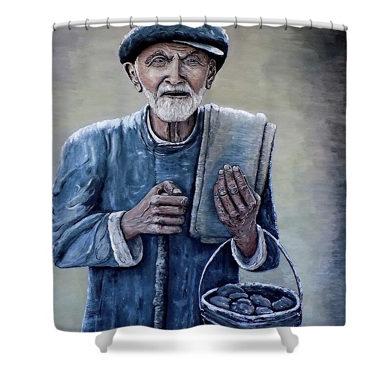 Old Man Shower Curtain featuring the painting Old Man with His Stones by Judy Kirouac