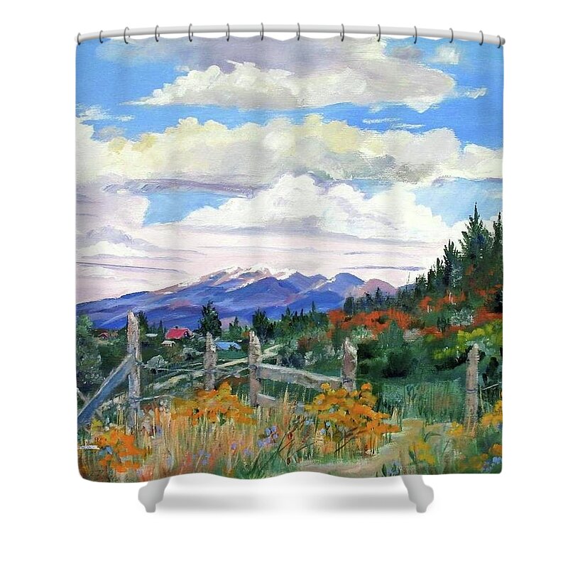 Mountains Shower Curtain featuring the painting Old North Fence-In Colorado by Adele Bower