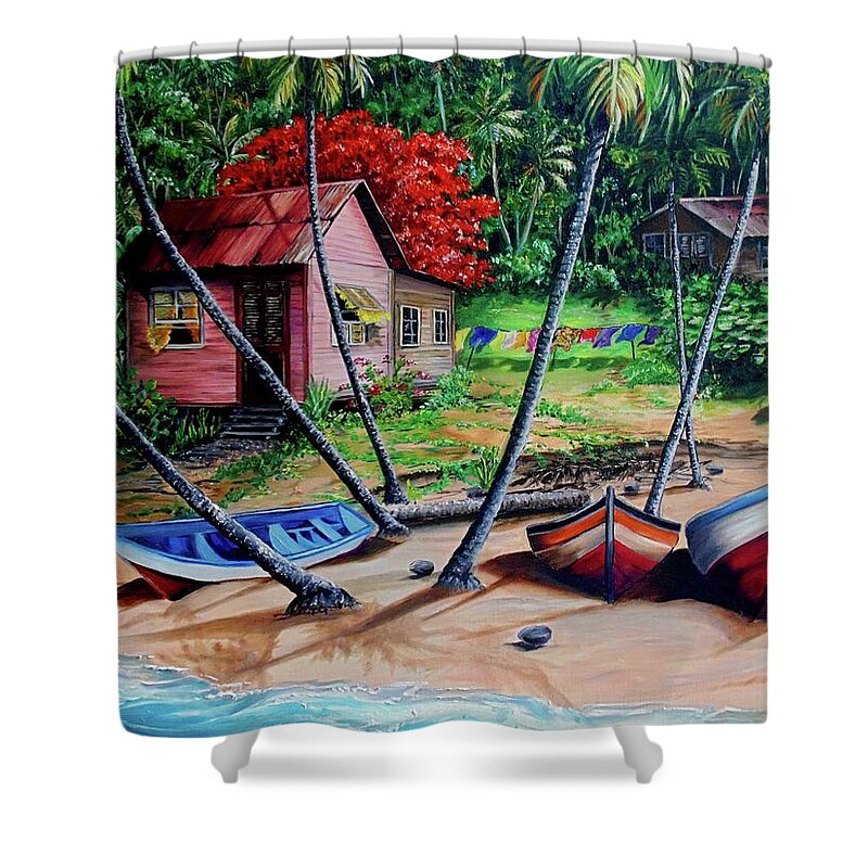 Tropical Shower Curtain featuring the painting Old Palatuvia Tobago by Karin Dawn Kelshall- Best