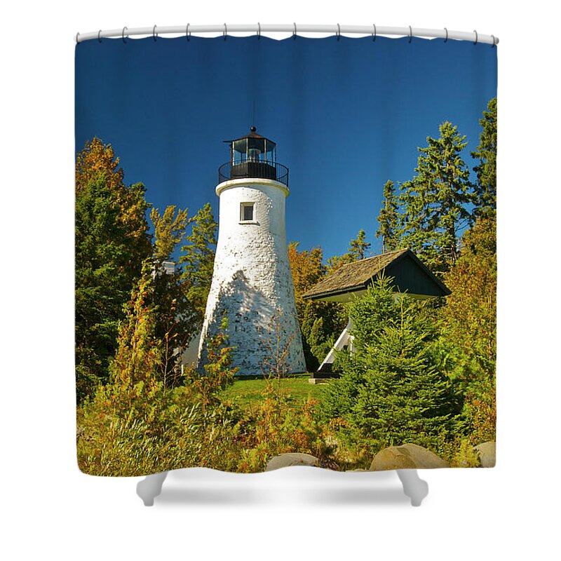 Old Shower Curtain featuring the photograph Old Presque Isle Lighthouse_9488 by Michael Peychich