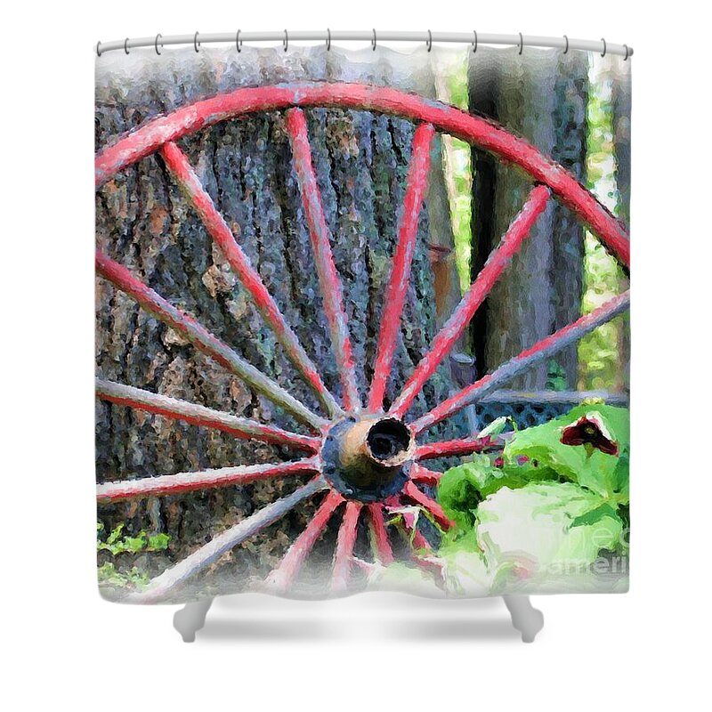 Wagon Wheel Shower Curtain featuring the painting Old Red Wooden Wagon Wheel by Smilin Eyes Treasures