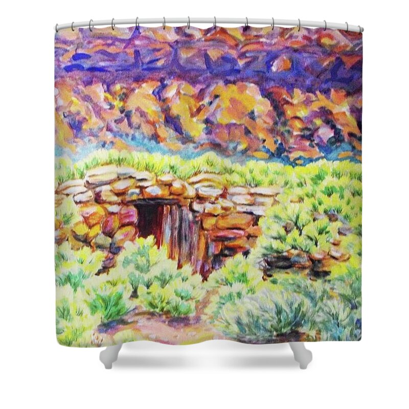 Old Root Cellar In Desert Valley Shower Curtain featuring the painting Old Root Cellar by Annie Gibbons