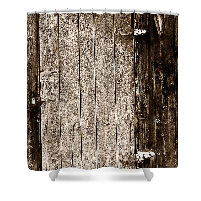 Old Shower Curtain featuring the photograph Old Rustic Black and White Barn Woord Door by James BO Insogna