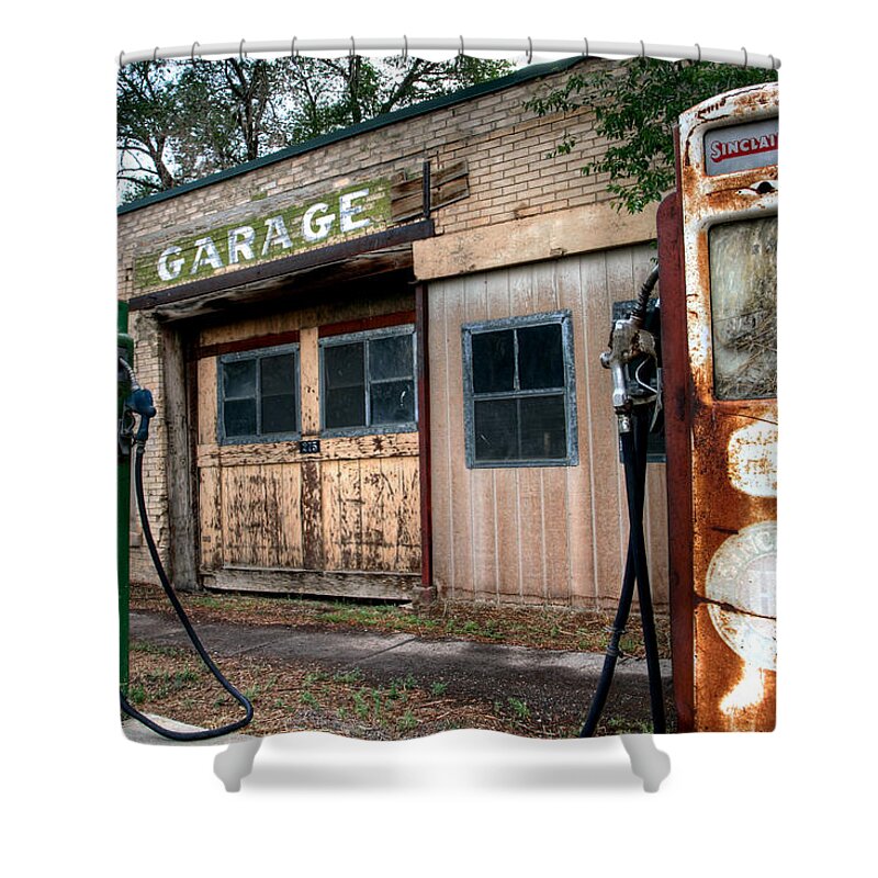 No People Shower Curtain featuring the photograph Old Service Station by Brett Pelletier