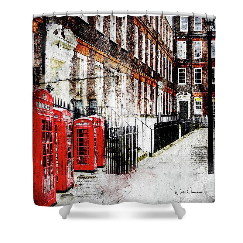 London; England; British; Britart; Red; Lincoln's Inn; Architecture; Windows; Doors; Telephonebox; Uk; Britan; Greatbritain; English; Britishartist; Grunge; Legal; District; Law; Digitalart; Wallart; Online Art Gallery Shower Curtain featuring the digital art Old Square by Nicky Jameson