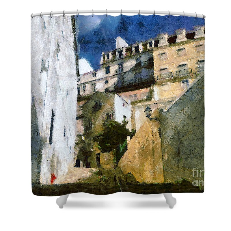 Alfama Shower Curtain featuring the painting Old stairs in Lisbon by Dimitar Hristov