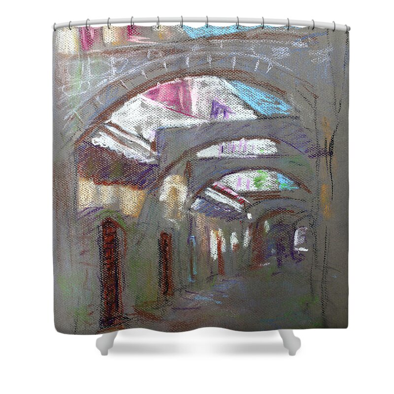Old Town Shower Curtain featuring the pastel Old Town in Rhodes Greece by Ylli Haruni