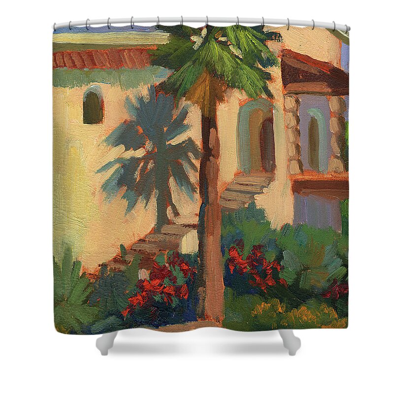 Old Town La Quinta Palm Tree Shower Curtain featuring the painting Old Town La Quinta Palm by Diane McClary