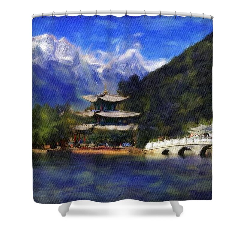 Unesco Heritage Page Shower Curtain featuring the painting Old Town of Lijiang by Vincent Monozlay
