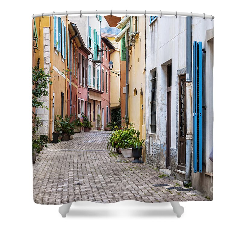 Villefranche-sur-mer Shower Curtain featuring the photograph Old town street in Villefranche-sur-Mer by Elena Elisseeva