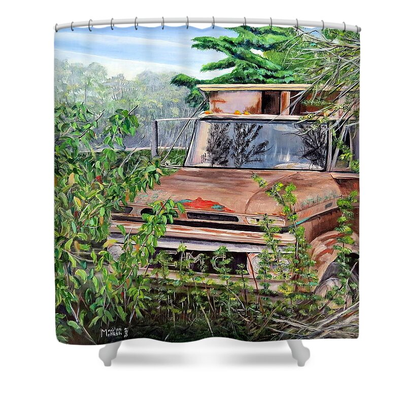 Old Truck Shower Curtain featuring the painting Old truck rusting by Marilyn McNish