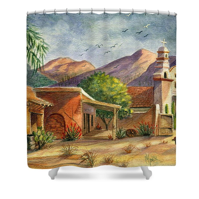 Old Tucson Movie Studios Shower Curtain featuring the painting Old Tucson by Marilyn Smith