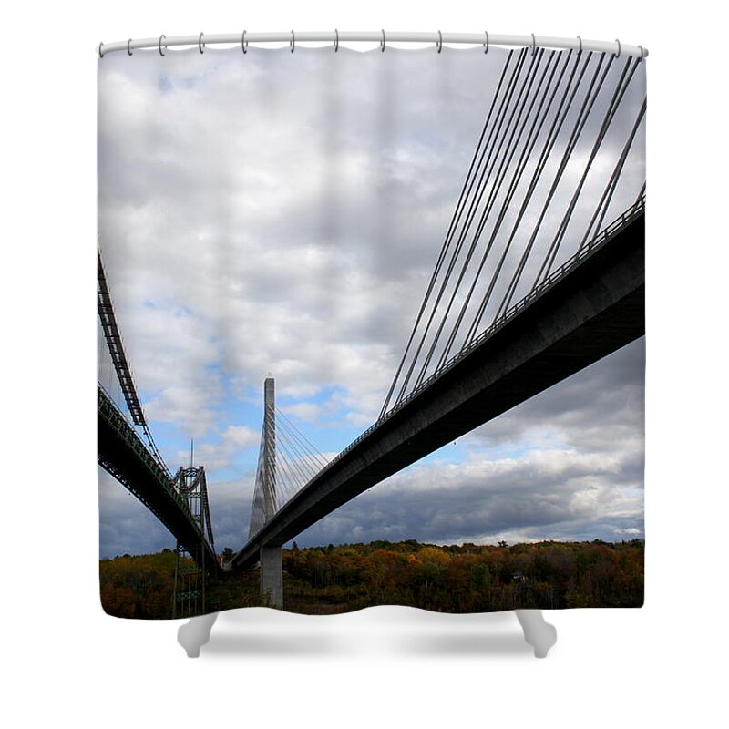 Penobscot Narrows Bridge Shower Curtain featuring the photograph Old Vs New by Greg DeBeck
