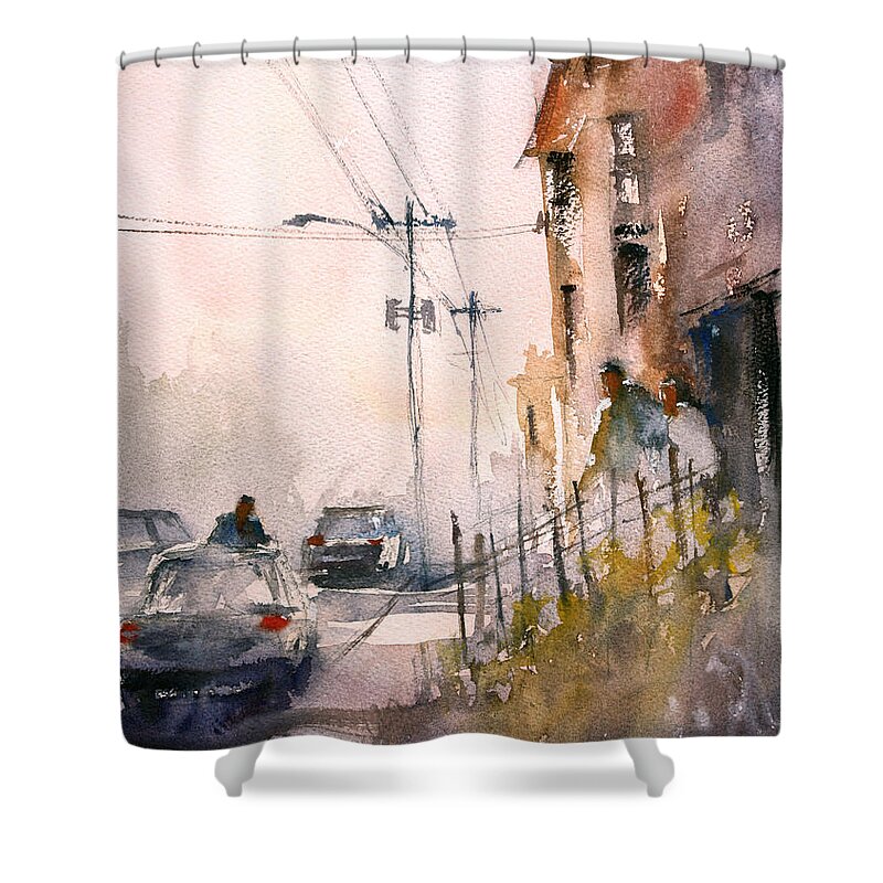 Ryan Radke Shower Curtain featuring the painting Old Wautoma Hotel by Ryan Radke