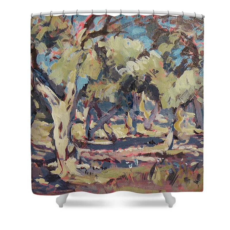 Olive Shower Curtain featuring the painting Olive grove along Marmari Beach Paxos by Nop Briex