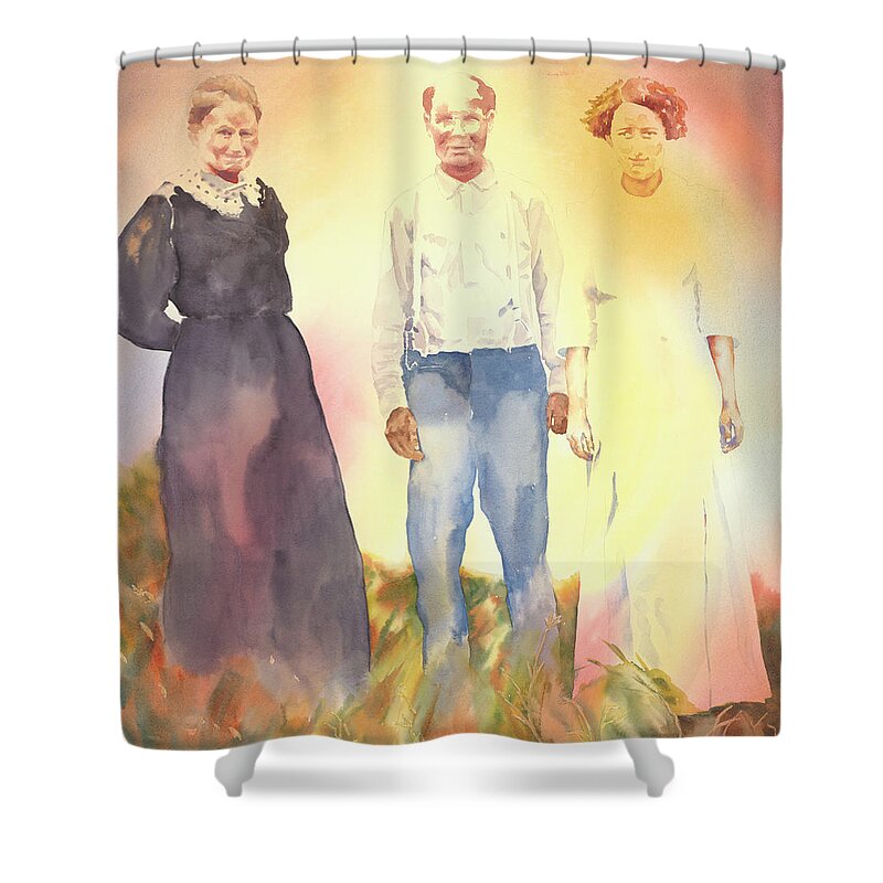 Grandparents Shower Curtain featuring the painting Olive, John and Anna by Tara Moorman