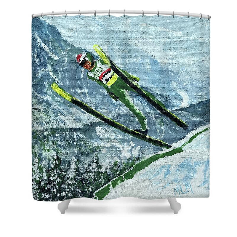 Green Shower Curtain featuring the painting Olympic Ski Jumper by ML McCormick