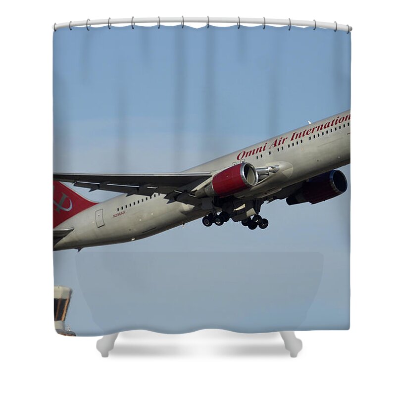 Airplane Shower Curtain featuring the photograph Omni Air International Boeing 767-319 N396AX Phoenix Sky Harbor January 2 2015 by Brian Lockett