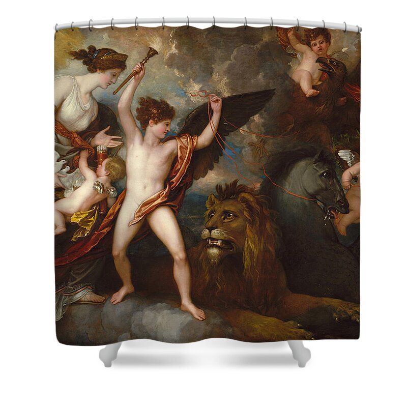 Benjamin West Shower Curtain featuring the painting Omnia Vincit Amor or The Power of Love in the Three Elements by Benjamin West