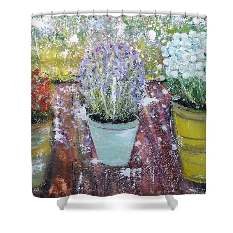 Flowers Shower Curtain featuring the painting On Grandma's Porch by Evelina Popilian