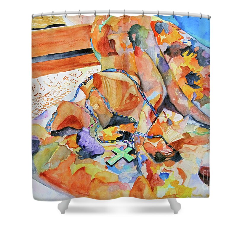 Cross Shower Curtain featuring the painting On My Dressing Table by Sandy McIntire
