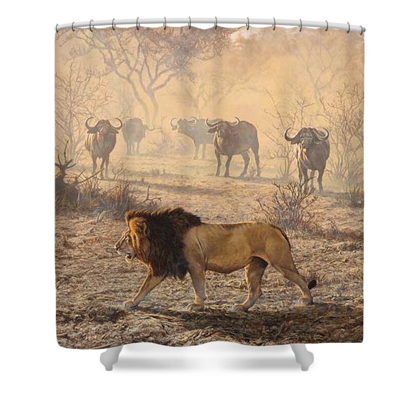 Lion Shower Curtain featuring the painting On Patrol by Alan M Hunt
