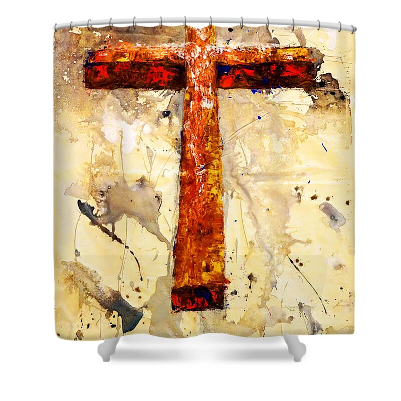 Rugged Shower Curtain featuring the painting On that old rugged Cross by Giorgio Tuscani