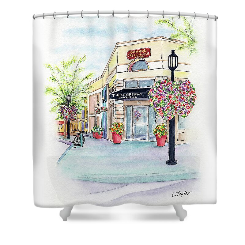 Small Town Shower Curtain featuring the mixed media On the Corner by Lori Taylor