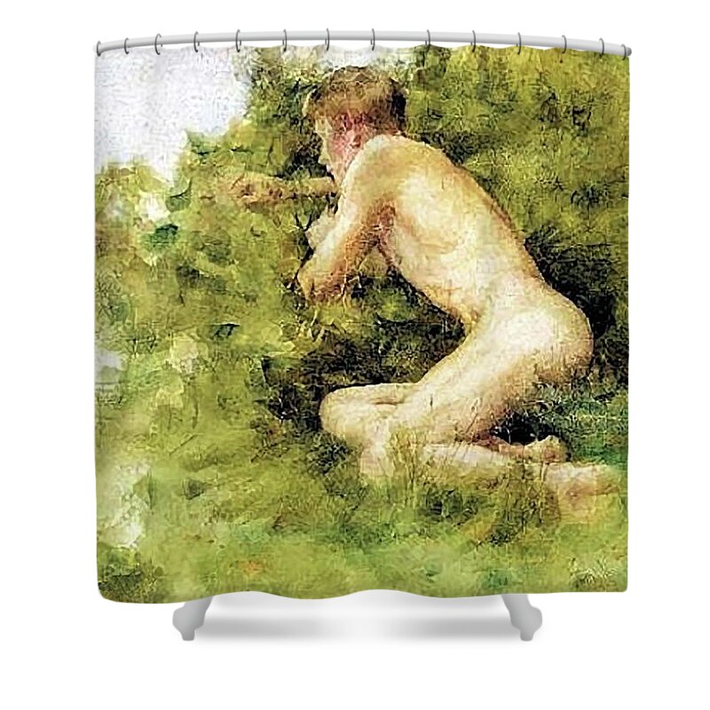 Dunes Shower Curtain featuring the painting On the Dunes by Henry Scott Tuke