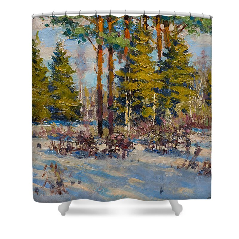 Winter Shower Curtain featuring the painting On the Edge of Winter by Valentina Kondrashova