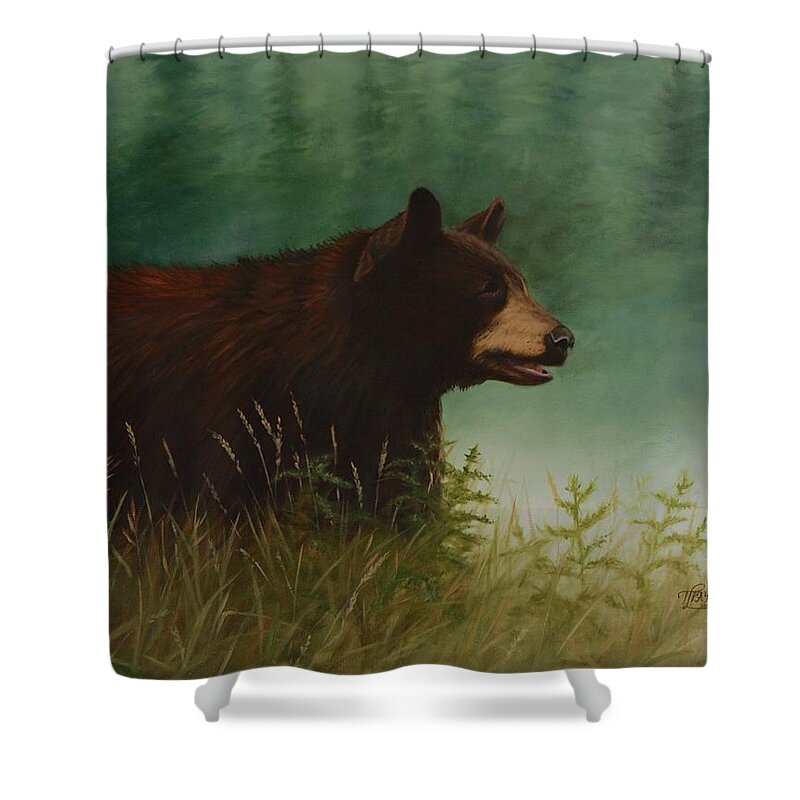 Black Bear Shower Curtain featuring the painting On The Hunt by Tammy Taylor