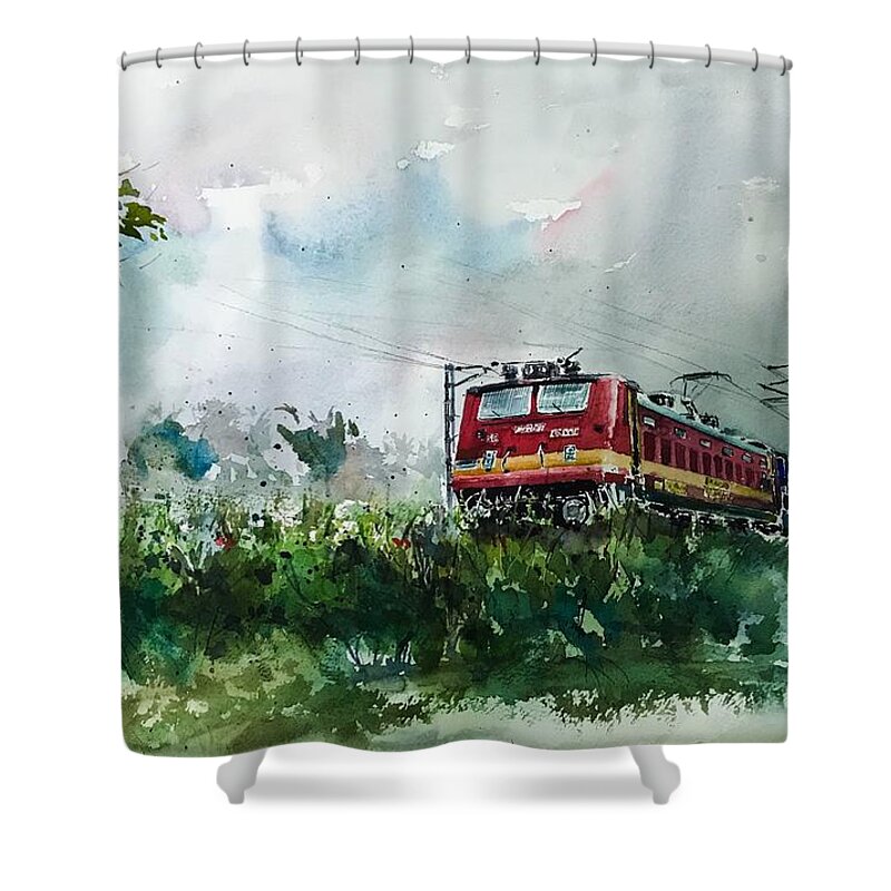 Train Shower Curtain featuring the painting On the move by George Jacob