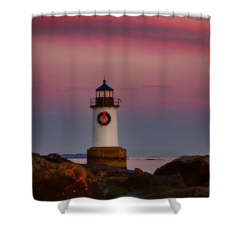 Salem Shower Curtain featuring the photograph On the Rocks Fort Pickering lighthouse by Jeff Folger