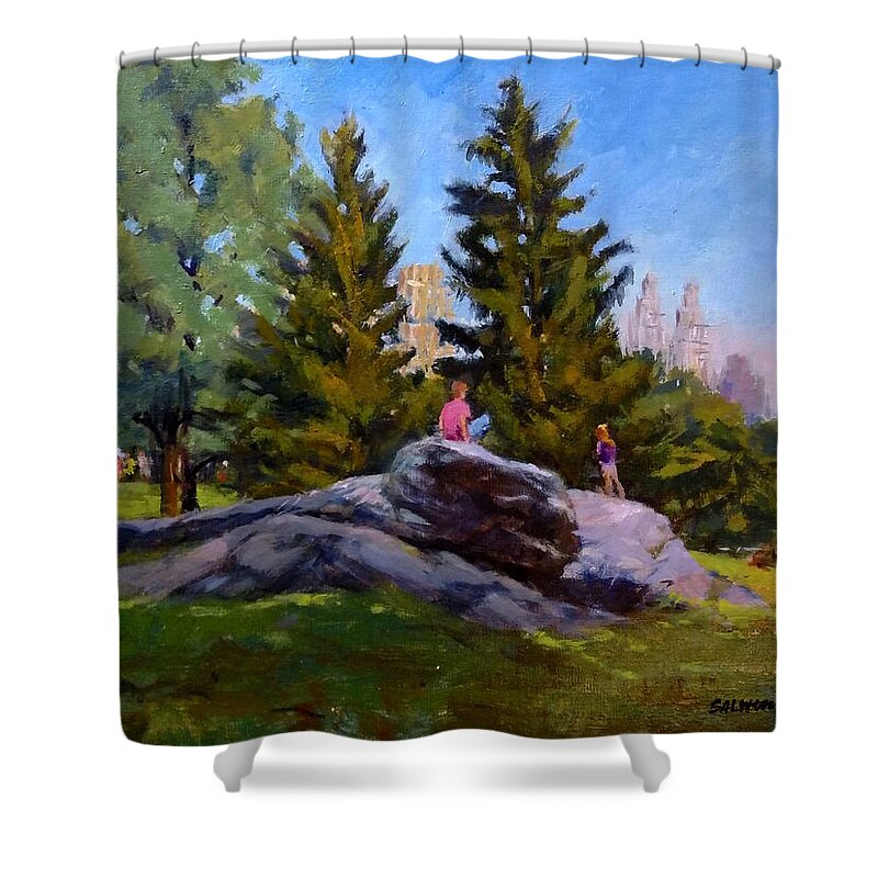 Landscape Shower Curtain featuring the painting On the Rocks in Central Park by Peter Salwen