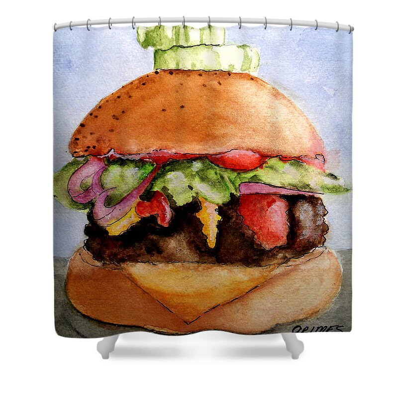 Hamburger Shower Curtain featuring the painting One Hearty Meal by Carol Grimes