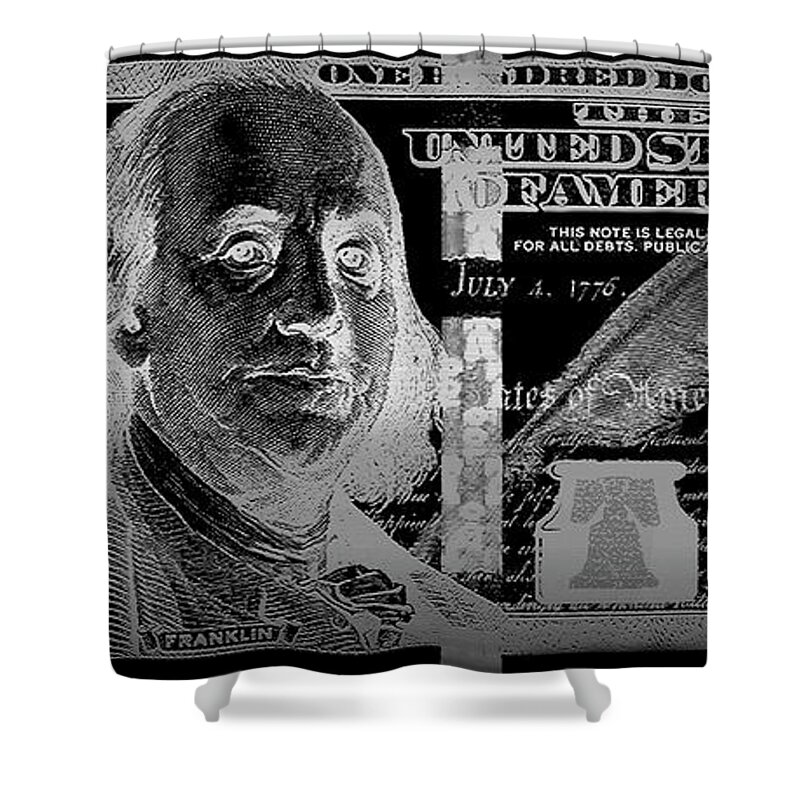 'visual Art Pop' Collection By Serge Averbukh Shower Curtain featuring the digital art One Hundred US Dollar Bill - $100 USD in Silver on Black by Serge Averbukh