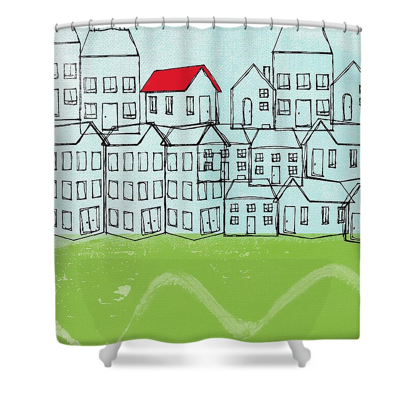 Abstract Landscape Shower Curtain featuring the painting One Red Roof by Linda Woods