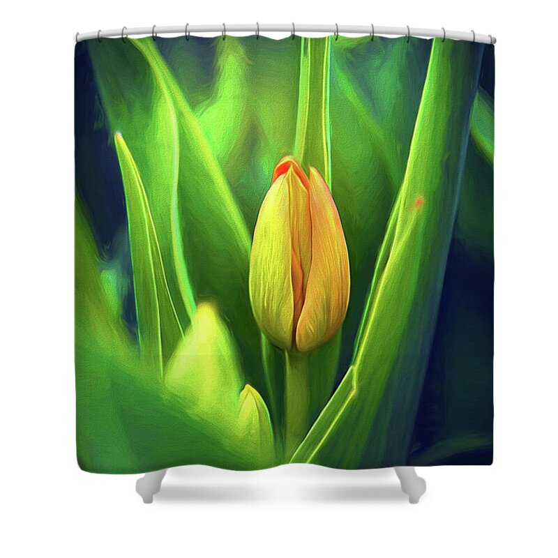 Single Tulip Shower Curtain featuring the mixed media One Yellow Tulip by Sharon McConnell