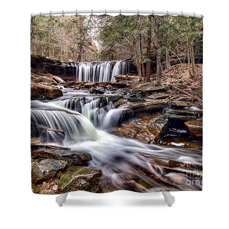 Another Spectacular Waterfalls From Rickett's Glen State Park In Pennsylviannia. This Is The Oneida Waterfalls Shot From Below To Incorporate A Few Minor Falls Into The Shot As Well. Shower Curtain featuring the photograph Oneida Falls by Rod Best