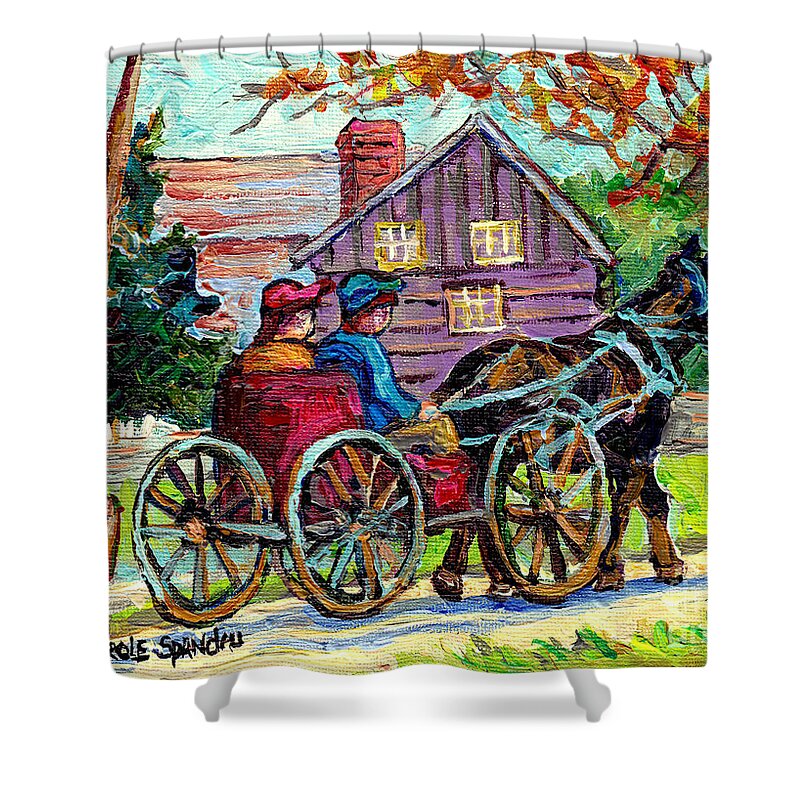 Canadian Landscape Shower Curtain featuring the painting Ontario Landscape Painting Maple Tree Sugar Shack Horse And Buggy Country Scene C Spandau Fine Art by Carole Spandau