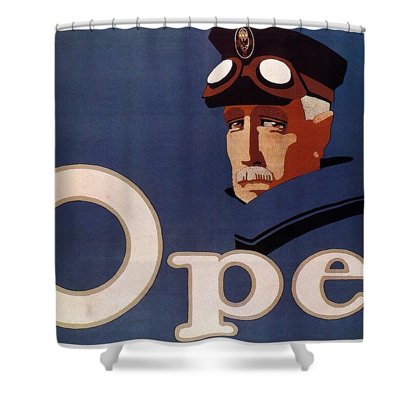 Opel Shower Curtain featuring the mixed media Opel - German Automobile Manufacturer - Vintage Automotive Advertising Poster - Minimal, Blue by Studio Grafiikka