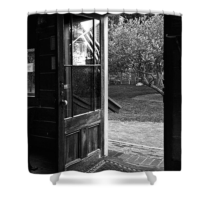 Door Shower Curtain featuring the photograph Open Door B-W by Christopher Holmes