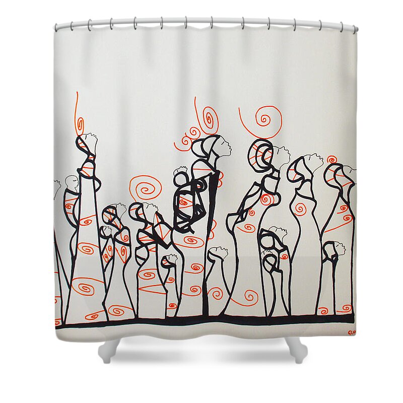 Jesus Shower Curtain featuring the drawing Orange Bus Stop Blues by Gloria Ssali