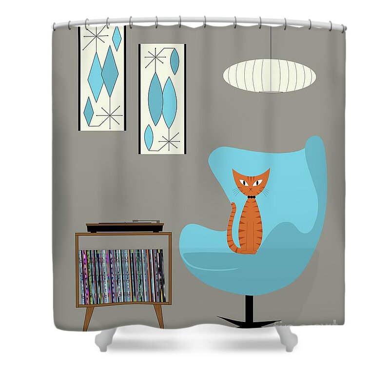 Modern Shower Curtain featuring the digital art Orange Cat in Turquoise Egg Chair by Donna Mibus