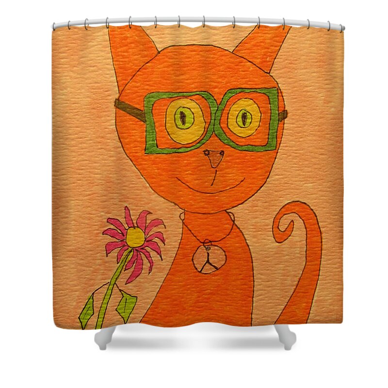Hagood Shower Curtain featuring the painting Orange Cat With Glasses by Lew Hagood