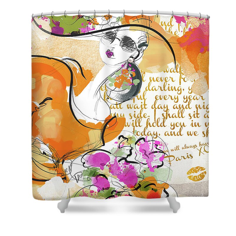 Fashion Shower Curtain featuring the digital art Orange Dress by MGL Meiklejohn Graphics Licensing