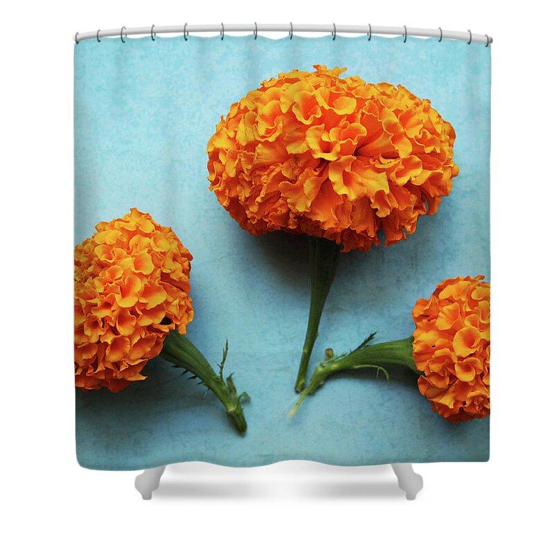 Marigold Shower Curtain featuring the photograph Orange Marigolds- by Linda Woods by Linda Woods